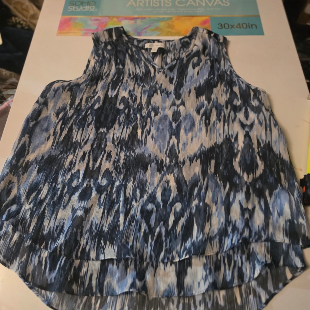 Cristina B Womens Blue White Ikat Abstract V-Neck Sleeveless High Low Blouse L